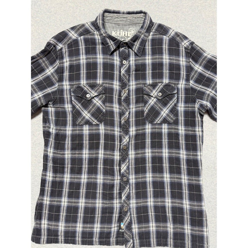 Kuhl Womens XL Black Grey Plaid 100% Cotton Button Down Long Sleeve Shirt